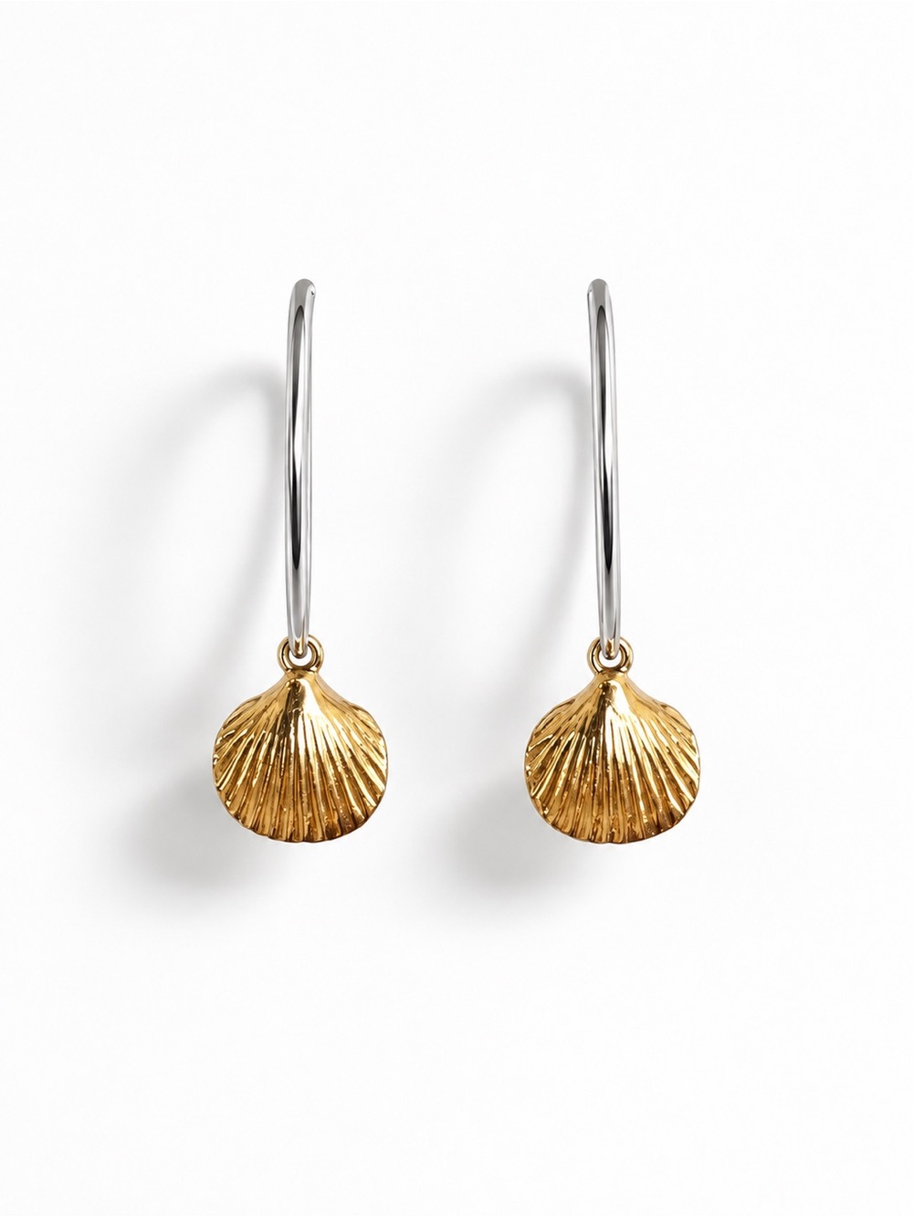 Silver Hoop Earrings with Gold Shell Charm - Women Jewelry beach shells mermaid